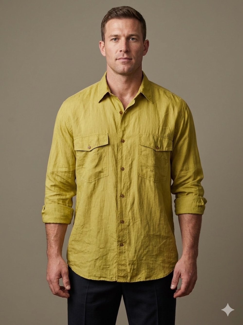 Men’s silk  Vintage Casual Long-Sleeve Button Down Shirt - Mustard Yellow 
  L